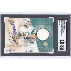 New York Jets Trading Cards^Joe Namath Autographed 2000 Upper Deck Game-Jersey Greats Relic #GJG-JN1 #104/175 SGC Authenticated 8/10 Card