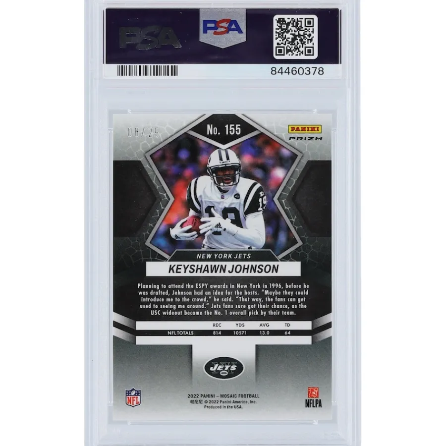 New York Jets Trading Cards^Keyshawn Johnson 2022 Panini Mosaic White Mosaic #155 #8/25 PSA Authenticated 10 Card