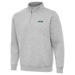 New York Jets Jackets^Men's Antigua Heather Gray Victory Quarter-Zip Pullover Top