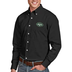 New York Jets Polos | Sweaters & Dress Shirts^Men's Antigua Black Dynasty Woven Long Sleeve Button-Down Logo Shirt