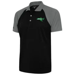 New York Jets Polos^Men's Antigua Black/Steel Team Logo Throwback Nova Polo