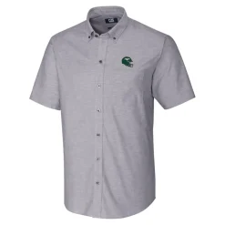 New York Jets Sweaters & Dress Shirts^Men's Cutter & Buck Charcoal Helmet Short Sleeve Stretch Oxford Button-Down Shirt