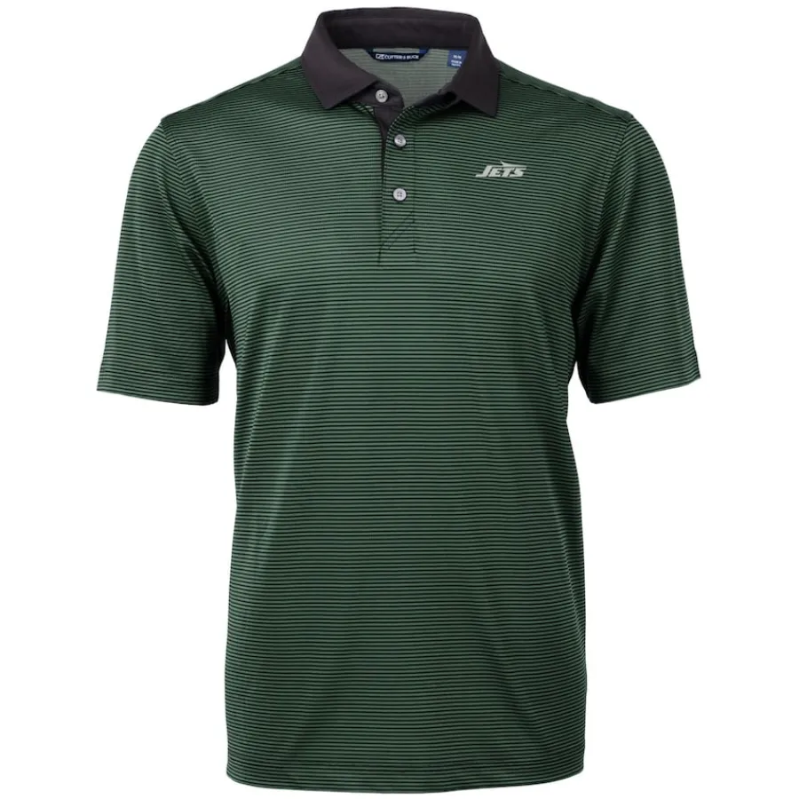 New York Jets Polos^Men's Cutter & Buck Hunter Green Primary Logo Virtue Eco Pique Micro Stripe Recycled Polo