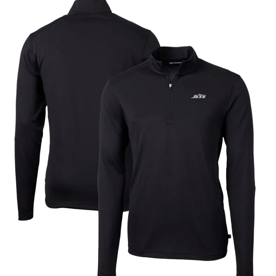 New York Jets Big & Tall^Men's Cutter & Buck Black Big & Tall Monochromatic Logo Virtue Eco Pique Recycled Quarter-Zip Pullover Top