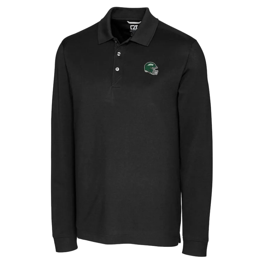 New York Jets Big & Tall^Men's Cutter & Buck Black Big & Tall Helmet DryTec Advantage Tri-Blend Pique Long Sleeve Polo