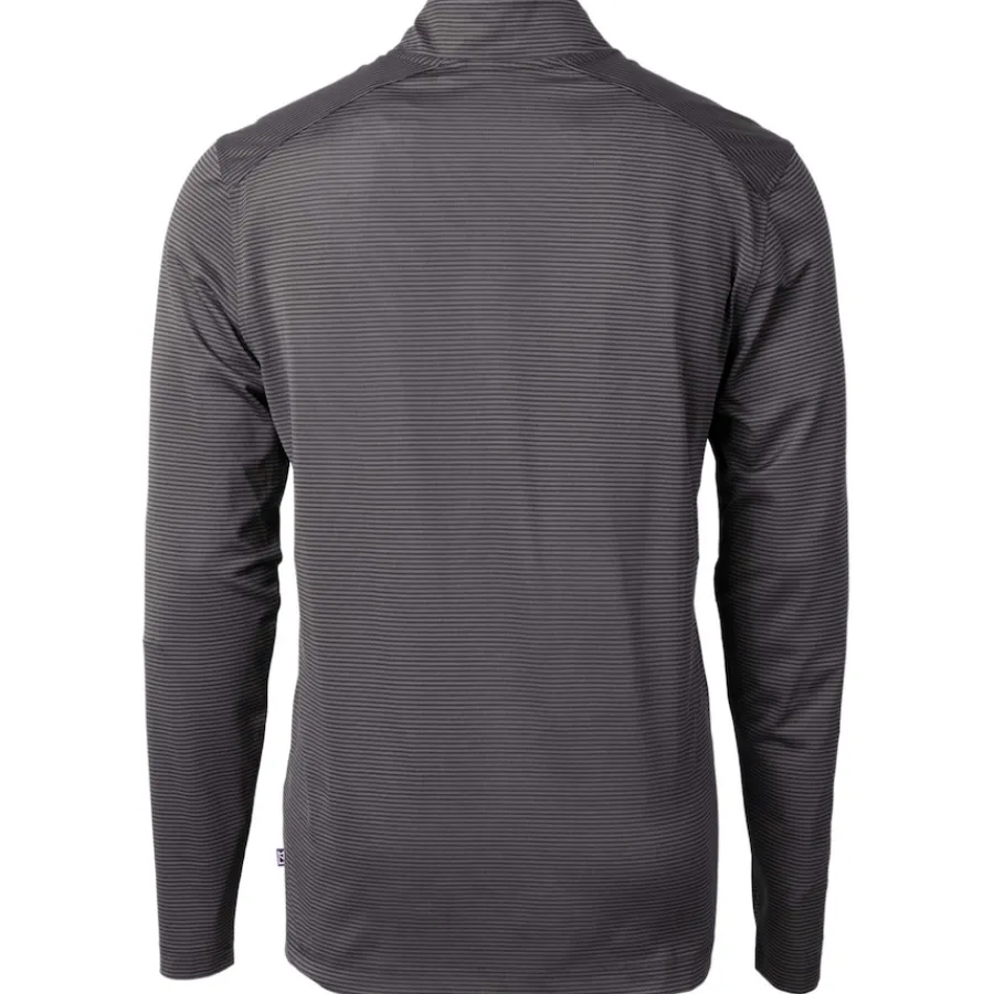 New York Jets Big & Tall^Men's Cutter & Buck Black/Gray Big & Tall Primary Logo Virtue Eco Pique Micro Stripe Recycled Quarter-Zip Top