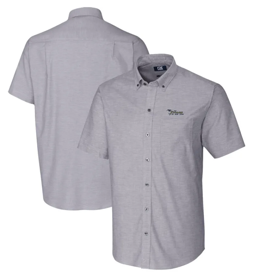 New York Jets Sweaters & Dress Shirts^Men's Cutter & Buck Charcoal Throwback Logo Stretch Oxford Button-Down Short Sleeve Shirt