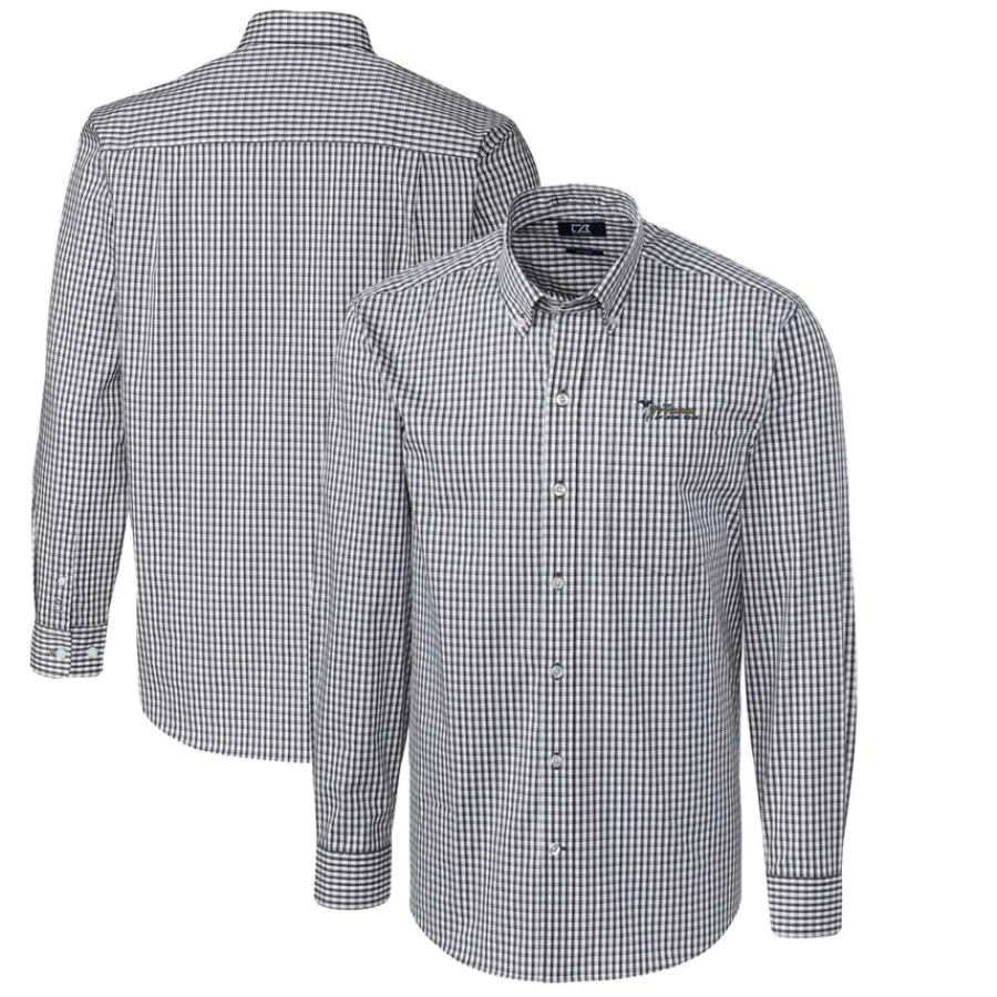 New York Jets Sweaters & Dress Shirts^Men's Cutter & Buck Charcoal Throwback Logo Easy Care Stretch Gingham Big & Tall Long Sleeve Button-Down Shirt