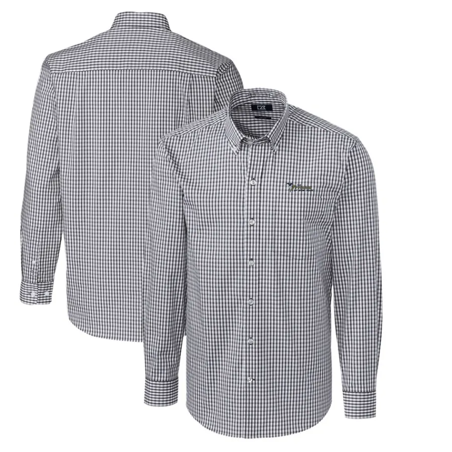 New York Jets Sweaters & Dress Shirts^Men's Cutter & Buck Charcoal Throwback Logo Easy Care Stretch Gingham Long Sleeve Button-Down Shirt