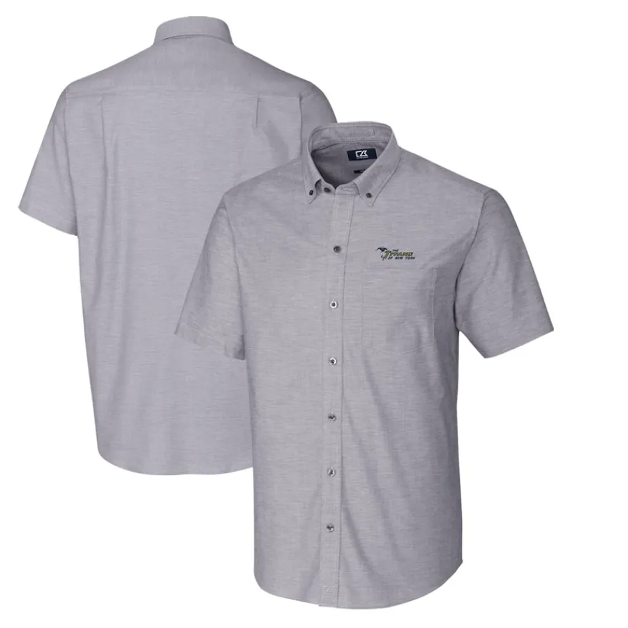 New York Jets Sweaters & Dress Shirts^Men's Cutter & Buck Charcoal Throwback Logo Stretch Oxford Button-Down Short Sleeve Shirt