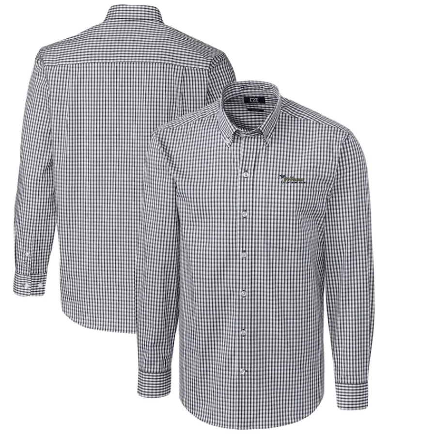 New York Jets Sweaters & Dress Shirts^Men's Cutter & Buck Charcoal Throwback Logo Easy Care Stretch Gingham Big & Tall Long Sleeve Button-Down Shirt