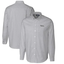 New York Jets Sweaters & Dress Shirts^Men's Cutter & Buck Charcoal Throwback Logo Big & Tall Stretch Oxford Stripe Long Sleeve Button Down Shirt