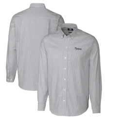New York Jets Sweaters & Dress Shirts^Men's Cutter & Buck Charcoal Throwback Logo Stretch Oxford Stripe Long Sleeve Button Down Shirt