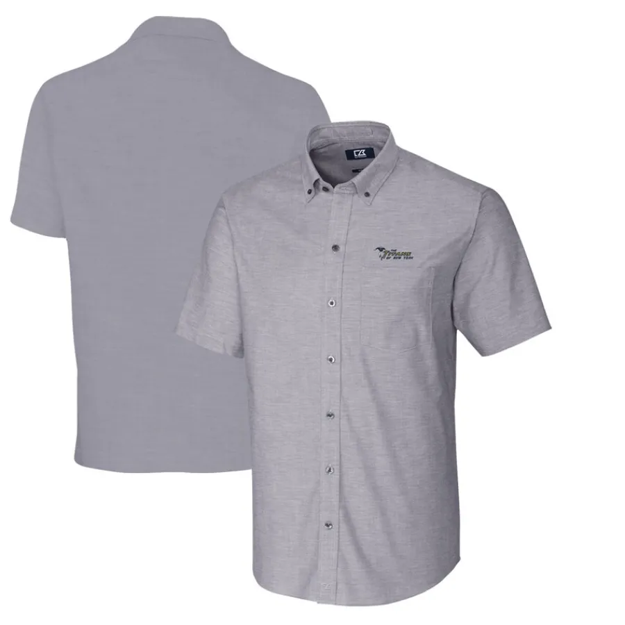 New York Jets Sweaters & Dress Shirts^Men's Cutter & Buck Charcoal Throwback Logo Big & Tall Stretch Oxford Button-Down Short Sleeve Shirt