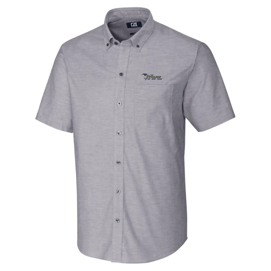 New York Jets Sweaters & Dress Shirts^Men's Cutter & Buck Charcoal Throwback Logo Stretch Oxford Button-Down Short Sleeve Shirt