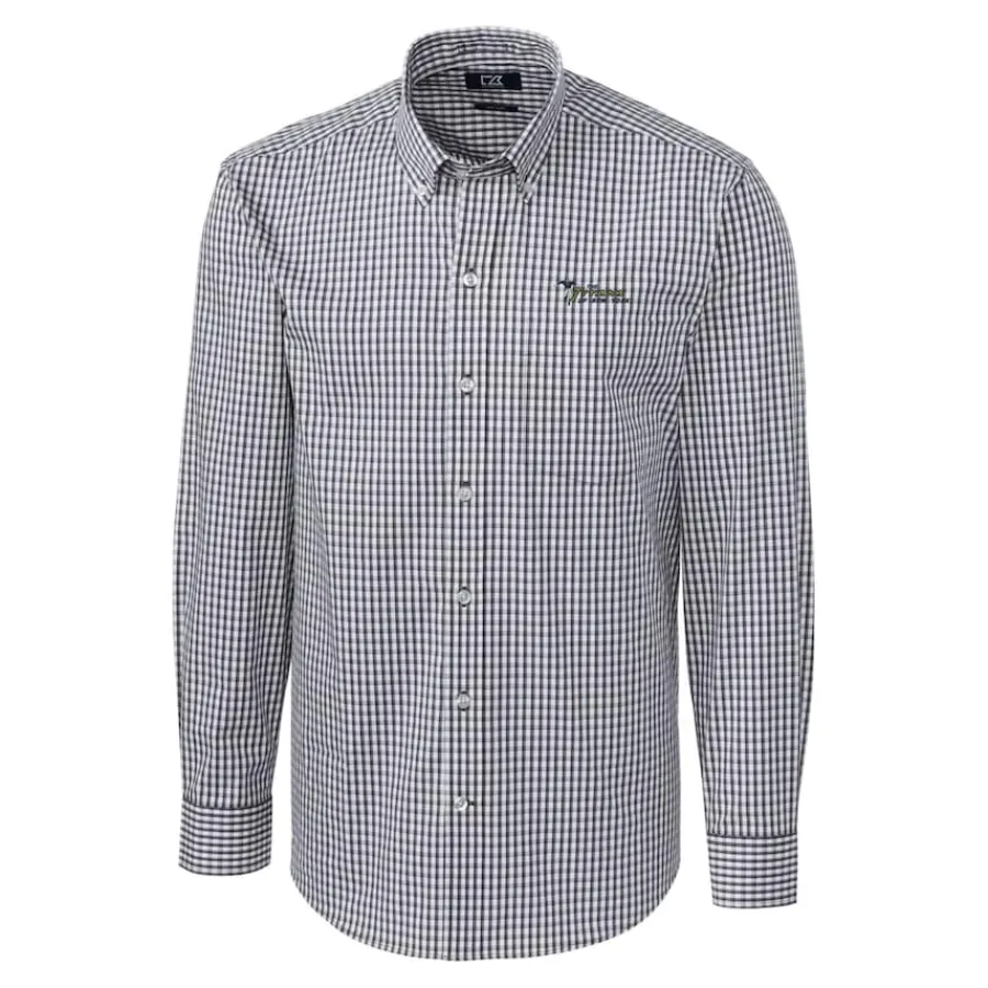 New York Jets Sweaters & Dress Shirts^Men's Cutter & Buck Charcoal Throwback Logo Easy Care Stretch Gingham Big & Tall Long Sleeve Button-Down Shirt