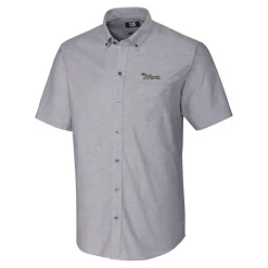 New York Jets Sweaters & Dress Shirts^Men's Cutter & Buck Charcoal Throwback Logo Big & Tall Stretch Oxford Button-Down Short Sleeve Shirt