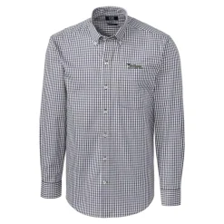 New York Jets Sweaters & Dress Shirts^Men's Cutter & Buck Charcoal Throwback Logo Easy Care Stretch Gingham Long Sleeve Button-Down Shirt