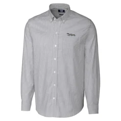 New York Jets Sweaters & Dress Shirts^Men's Cutter & Buck Charcoal Throwback Logo Stretch Oxford Stripe Long Sleeve Button Down Shirt