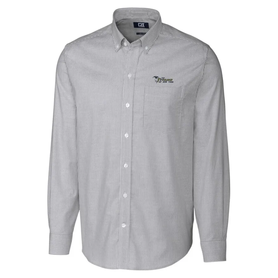 New York Jets Sweaters & Dress Shirts^Men's Cutter & Buck Charcoal Throwback Logo Stretch Oxford Stripe Long Sleeve Button Down Shirt