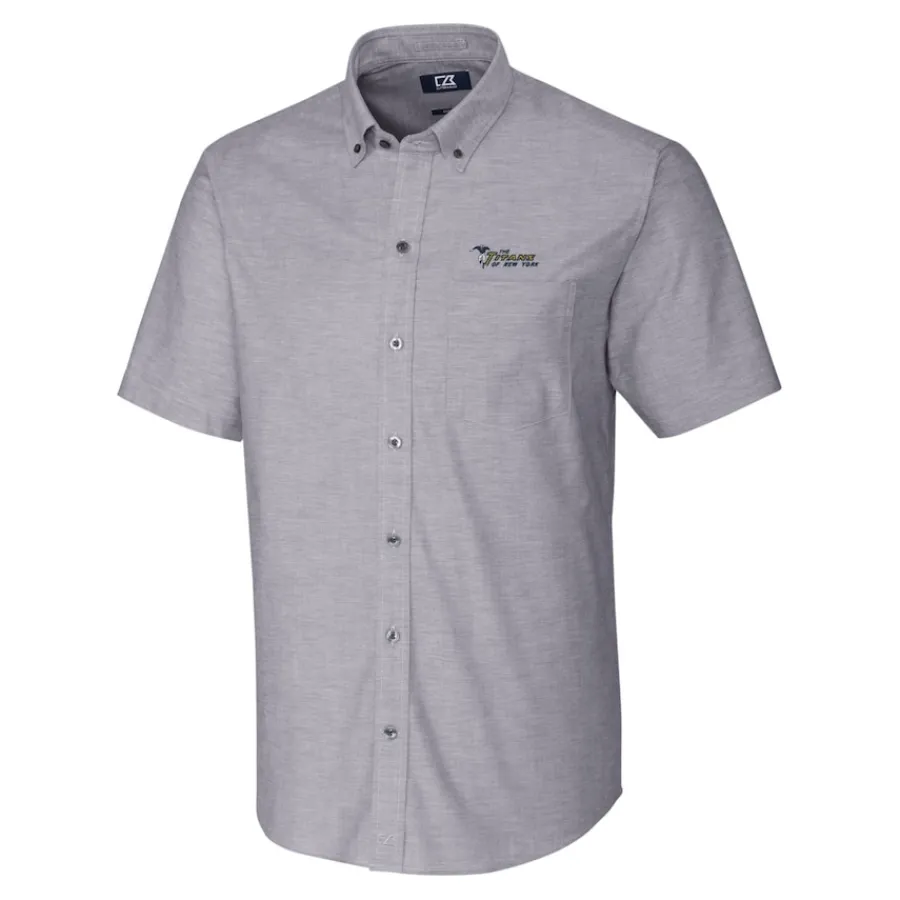New York Jets Sweaters & Dress Shirts^Men's Cutter & Buck Charcoal Throwback Logo Big & Tall Stretch Oxford Button-Down Short Sleeve Shirt