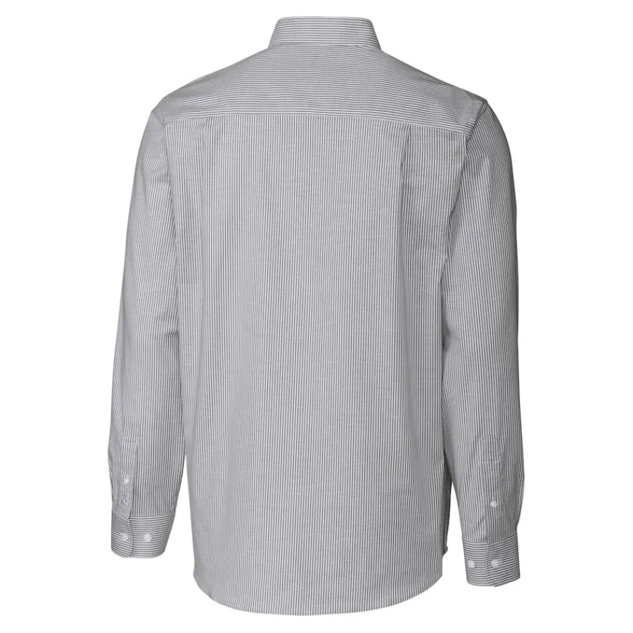 New York Jets Sweaters & Dress Shirts^Men's Cutter & Buck Charcoal Throwback Logo Stretch Oxford Stripe Long Sleeve Button Down Shirt