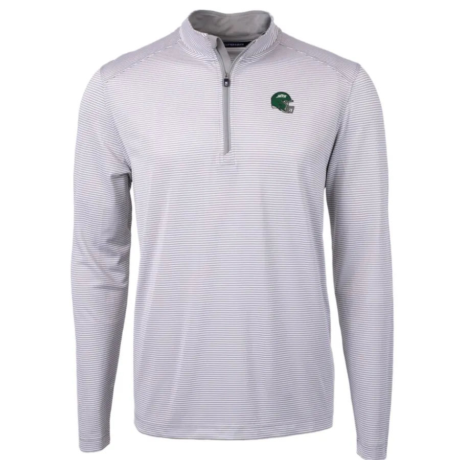 New York Jets Big & Tall^Men's Cutter & Buck Gray/White Big & Tall Helmet Virtue Eco Pique Micro Stripe Recycled Quarter-Zip Top