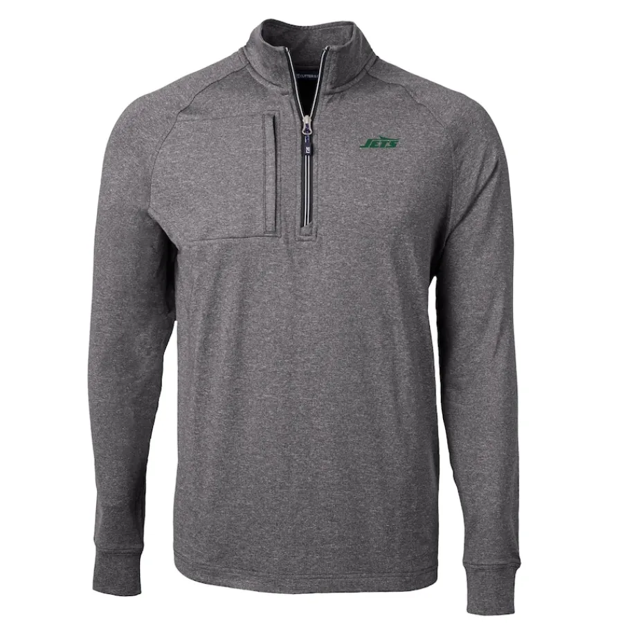 New York Jets Jackets^Men's Cutter & Buck Heather Black Primary Logo Adapt Eco Knit Quarter-Zip Top