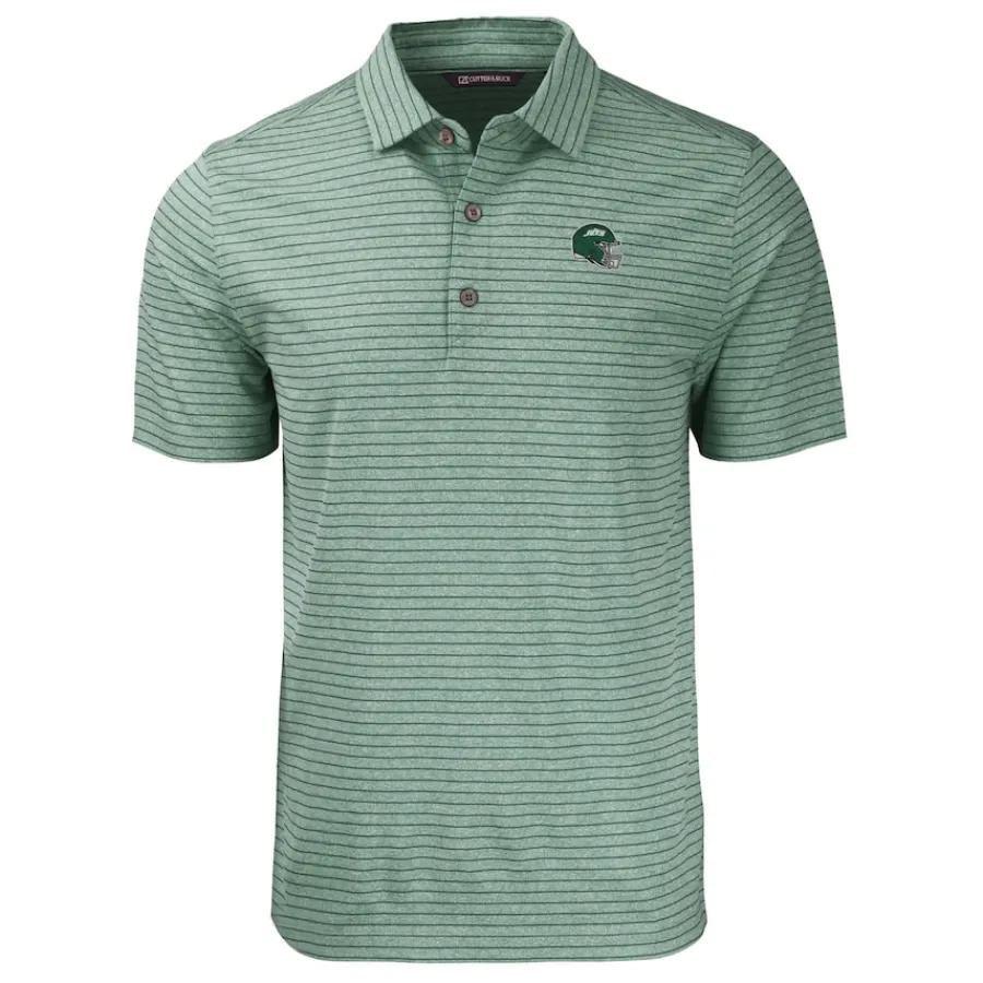New York Jets Polos^Men's Cutter & Buck Heather Green Helmet Forge Eco Heather Stripe Stretch Recycled Polo