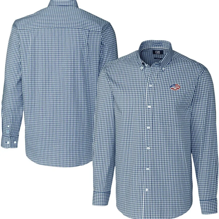 New York Jets Sweaters & Dress Shirts^Men's Cutter & Buck Navy Easy Care Stretch Gingham Big & Tall Long Sleeve Button-Down Shirt