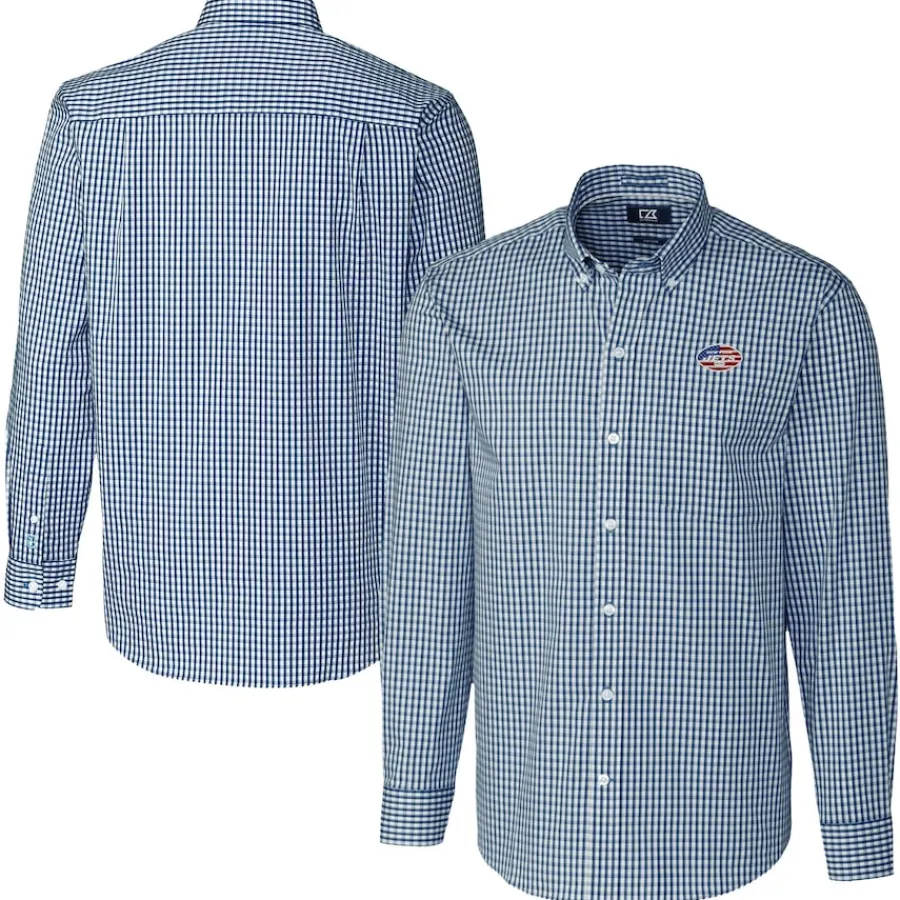 New York Jets Sweaters & Dress Shirts^Men's Cutter & Buck Navy Easy Care Stretch Gingham Big & Tall Long Sleeve Button-Down Shirt