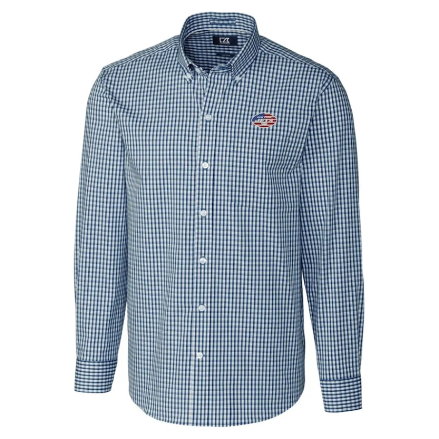 New York Jets Sweaters & Dress Shirts^Men's Cutter & Buck Navy Easy Care Stretch Gingham Big & Tall Long Sleeve Button-Down Shirt