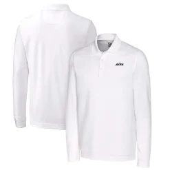 New York Jets Polos^Men's Cutter & Buck White Monochromatic Logo DryTec Advantage Tri-Blend Pique Long Sleeve Polo