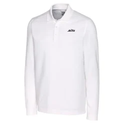 New York Jets Polos^Men's Cutter & Buck White Monochromatic Logo DryTec Advantage Tri-Blend Pique Long Sleeve Polo