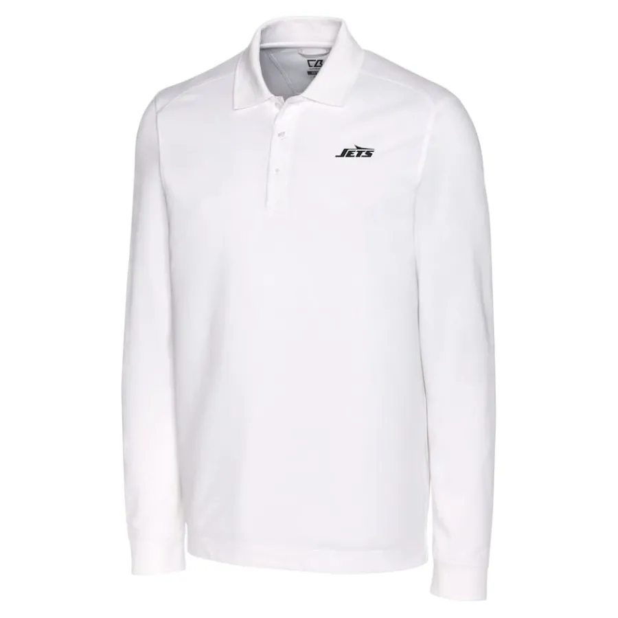 New York Jets Polos^Men's Cutter & Buck White Monochromatic Logo DryTec Advantage Tri-Blend Pique Long Sleeve Polo