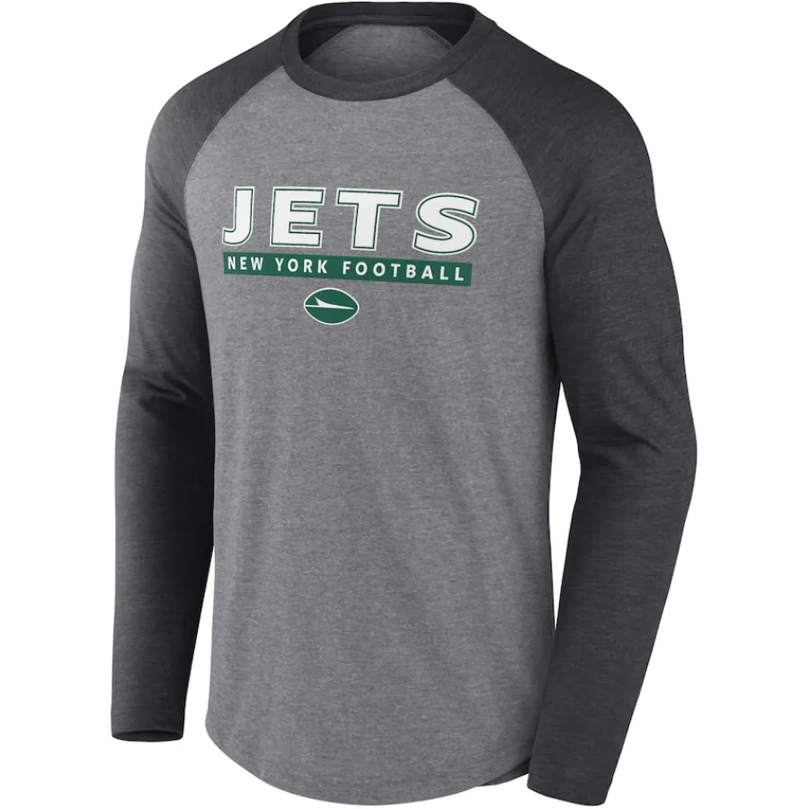 New York Jets T-Shirts | Men^Men's Fanatics Heather Gray/Charcoal Tri-Blend Raglan Long Sleeve T-Shirt