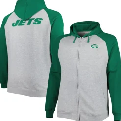 New York Jets Big & Tall^Men's Heather Gray Big & Tall Fleece Raglan Full-Zip Hoodie Jacket