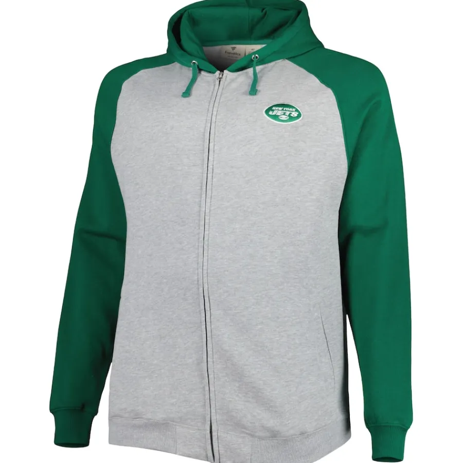 New York Jets Big & Tall^Men's Heather Gray Big & Tall Fleece Raglan Full-Zip Hoodie Jacket