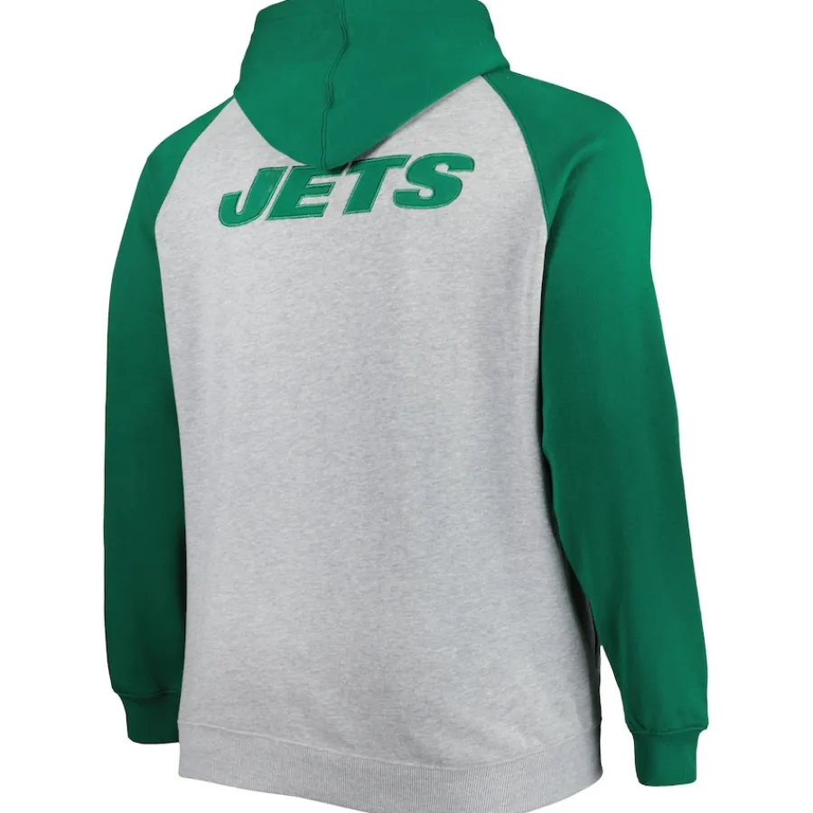 New York Jets Big & Tall^Men's Heather Gray Big & Tall Fleece Raglan Full-Zip Hoodie Jacket