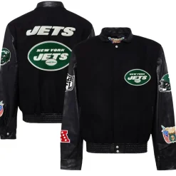 New York Jets Jackets^Men's Jeff Hamilton Black Wool & Leather Full-Snap Varsity Jacket