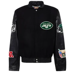 New York Jets Jackets^Men's Jeff Hamilton Black Wool & Leather Full-Snap Varsity Jacket