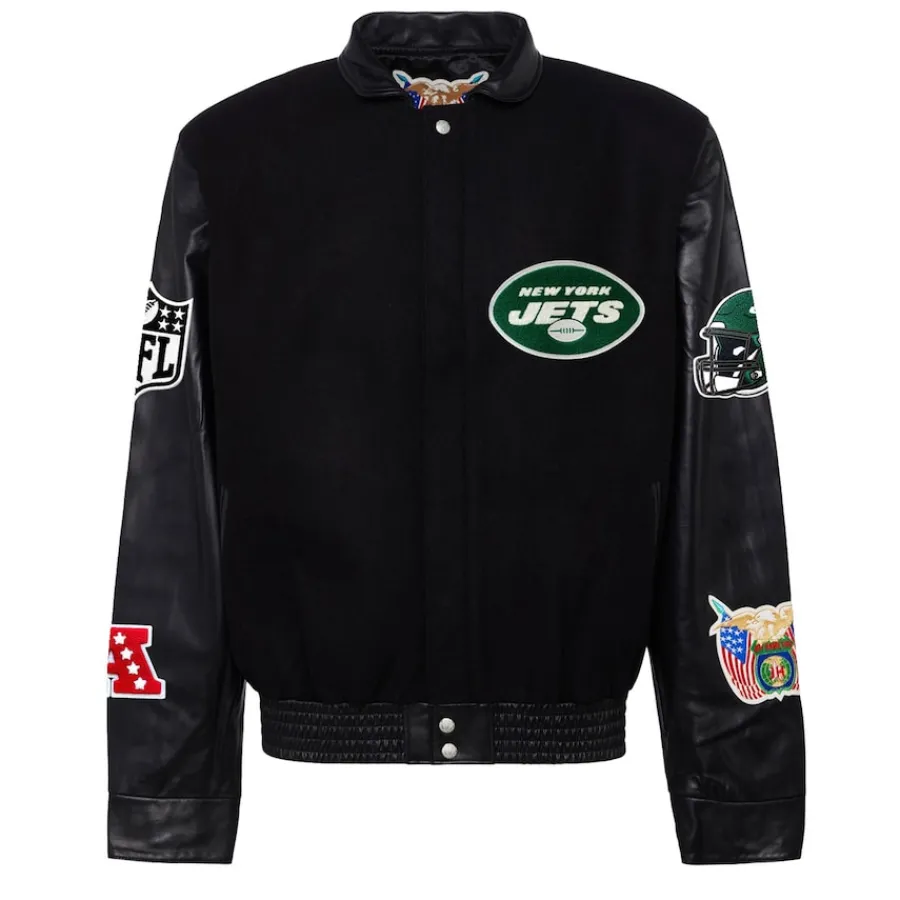 New York Jets Jackets^Men's Jeff Hamilton Black Wool & Leather Full-Snap Varsity Jacket