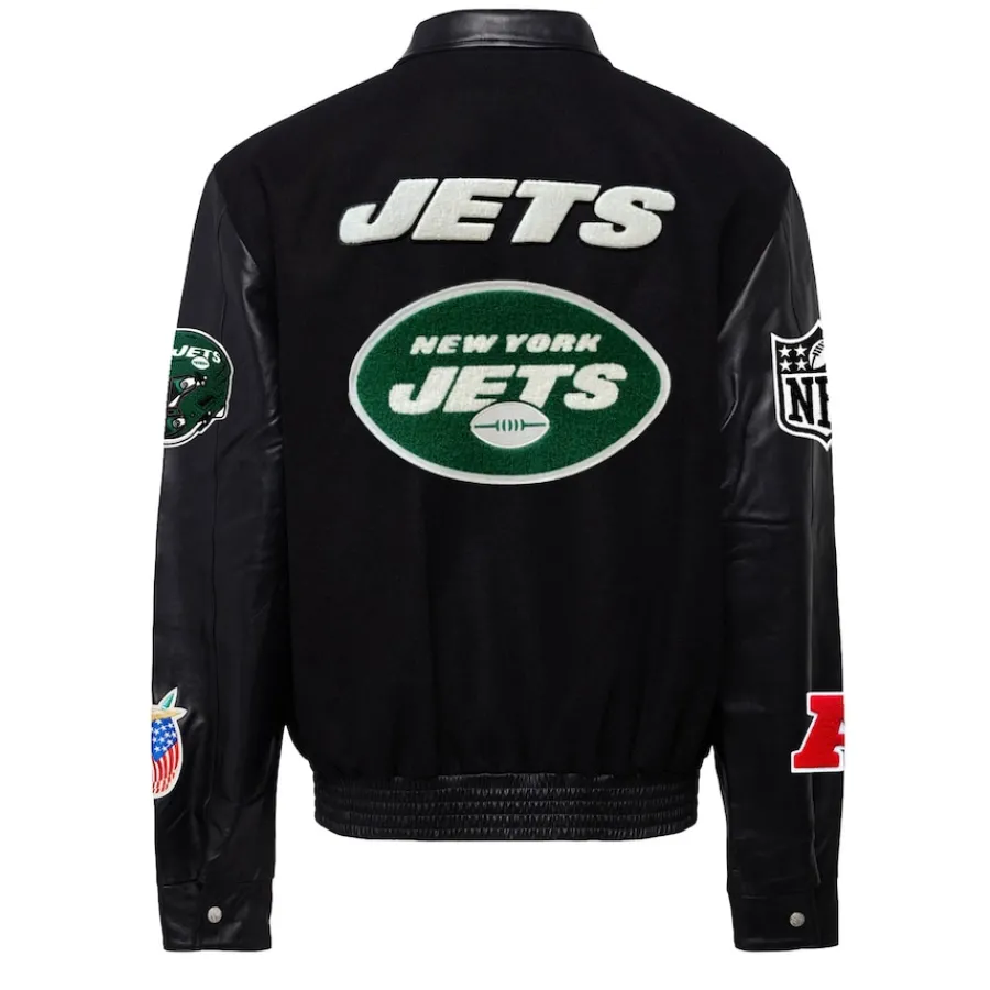 New York Jets Jackets^Men's Jeff Hamilton Black Wool & Leather Full-Snap Varsity Jacket