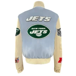 New York Jets Jackets^Men's Jeff Hamilton Light Blue Wool & Leather Full-Snap Varsity Jacket
