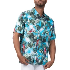 New York Jets Sweaters & Dress Shirts^Men's Margaritaville Light Blue Jungle Parrot Party Button-Up Shirt