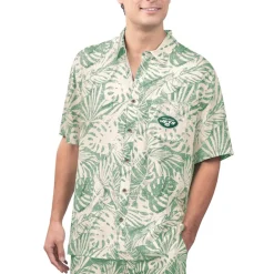 New York Jets Sweaters & Dress Shirts^Men's Margaritaville Tan Sand Washed Monstera Print Party Button-Up Shirt
