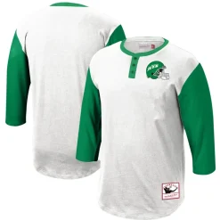 New York Jets Long Sleeved^Men's Mitchell & Ness White Legacy Slub Henley 3/4 Sleeve T-Shirt