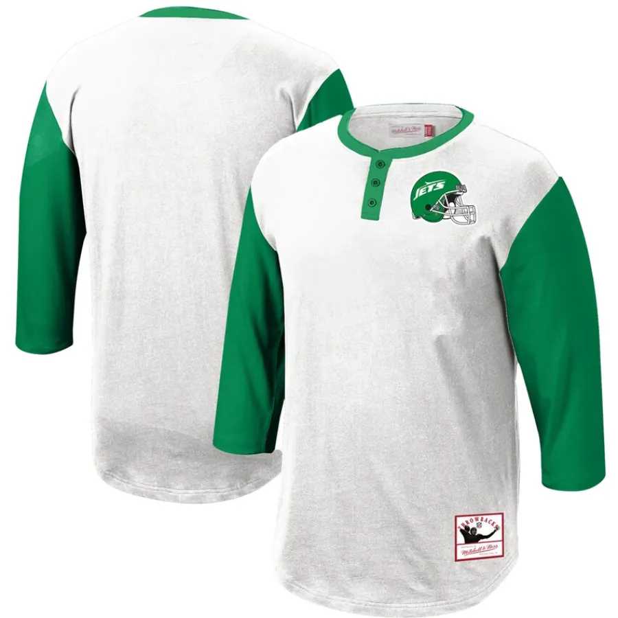 New York Jets Long Sleeved^Men's Mitchell & Ness White Legacy Slub Henley 3/4 Sleeve T-Shirt