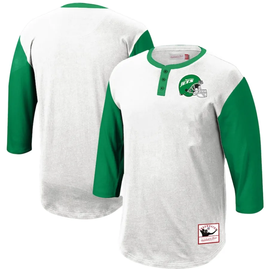 New York Jets Long Sleeved^Men's Mitchell & Ness White Legacy Slub Henley 3/4 Sleeve T-Shirt