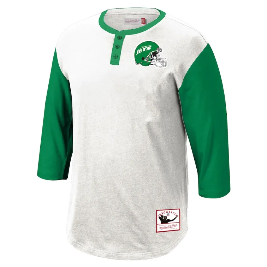 New York Jets Long Sleeved^Men's Mitchell & Ness White Legacy Slub Henley 3/4 Sleeve T-Shirt